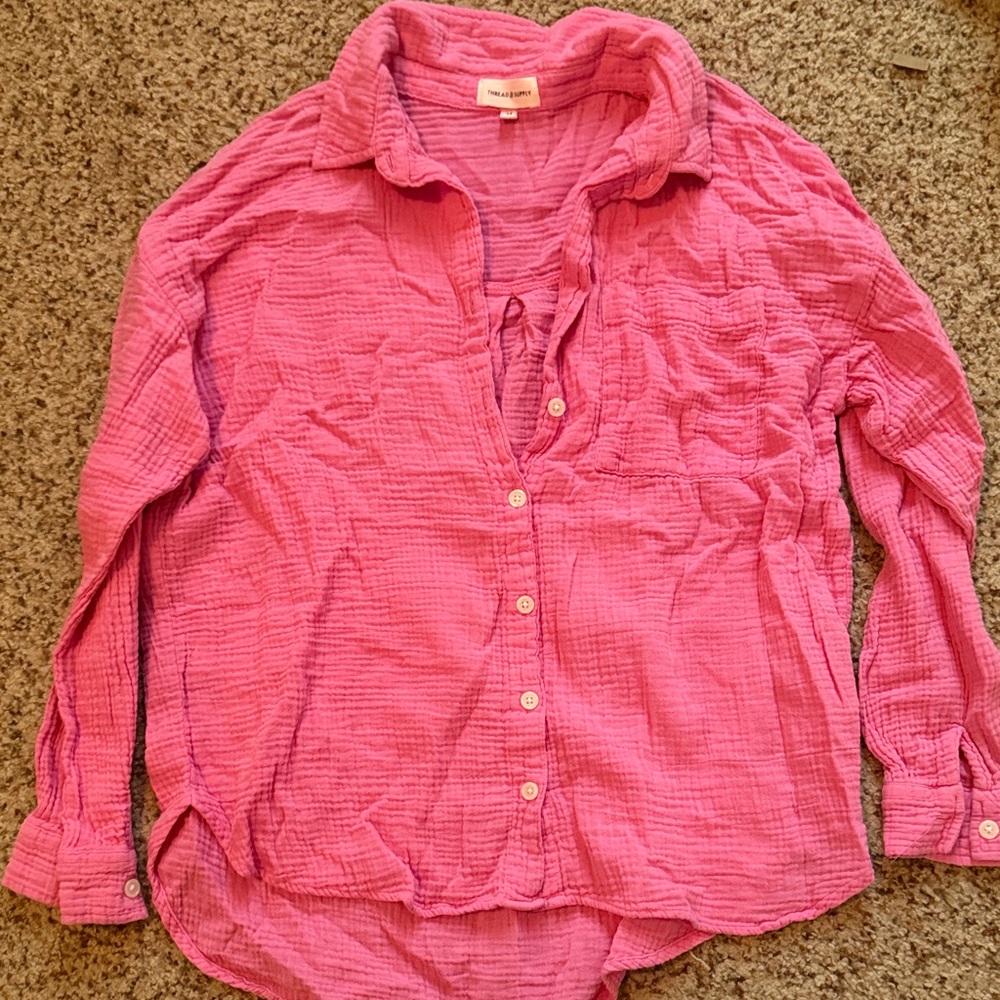Thread & Supply Pink Gauze Button Up or Cover Up